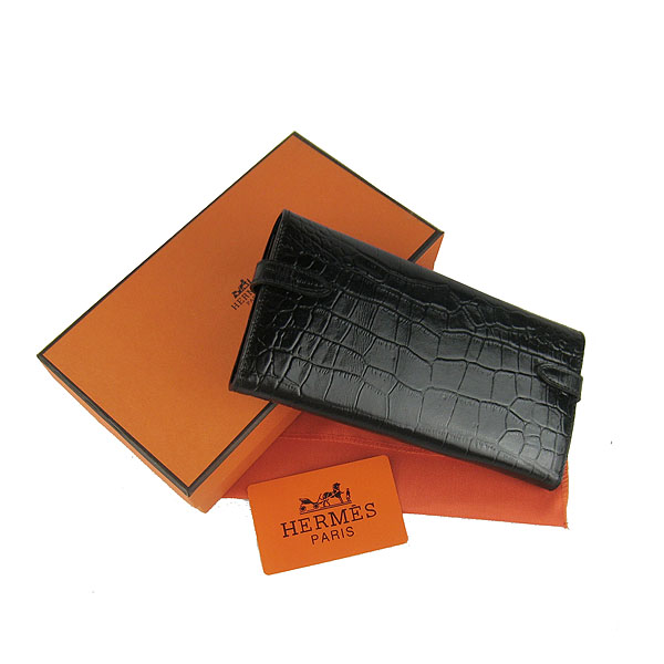 High Quality Hermes Kelly Crocodile Veins Long Clutch Bag Black H009 Replica